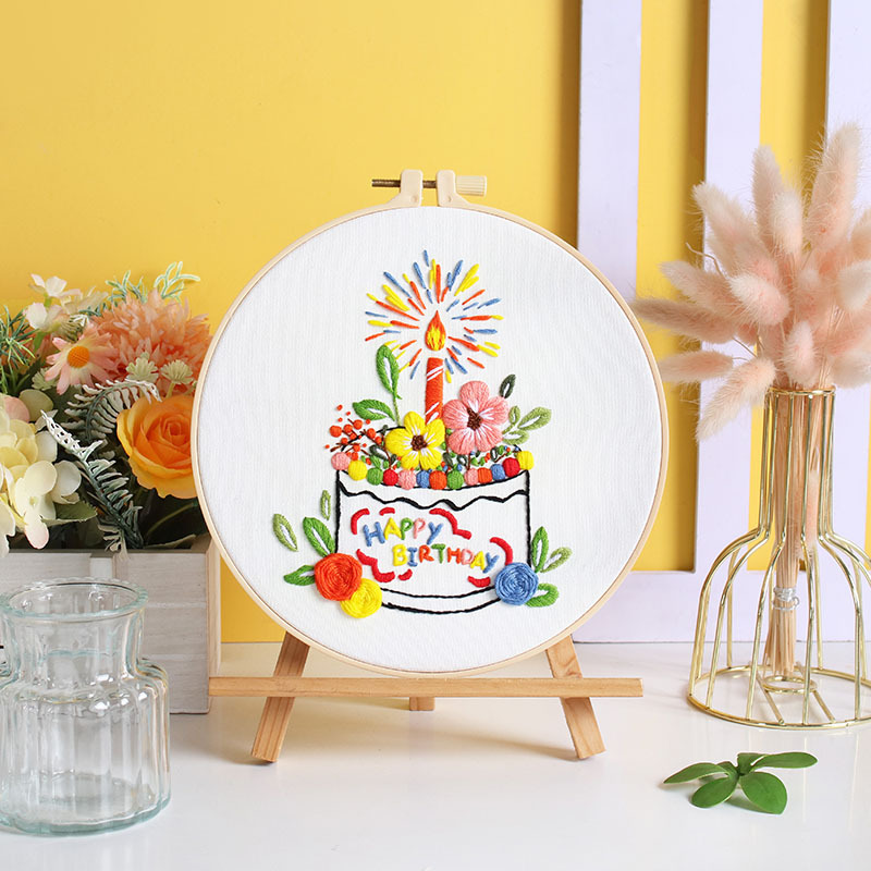 Nuevo original feliz cumpleaños bordado a mano material de bricolaje paquete pastel de cumpleaños vela fuegos artificiales deseo transfronterizo