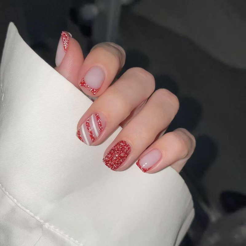 Cross-Border Christmas Wearable Nails Cute French Red Twill Sequin Manicure Fake Nail Patch Finished Products Wholesale