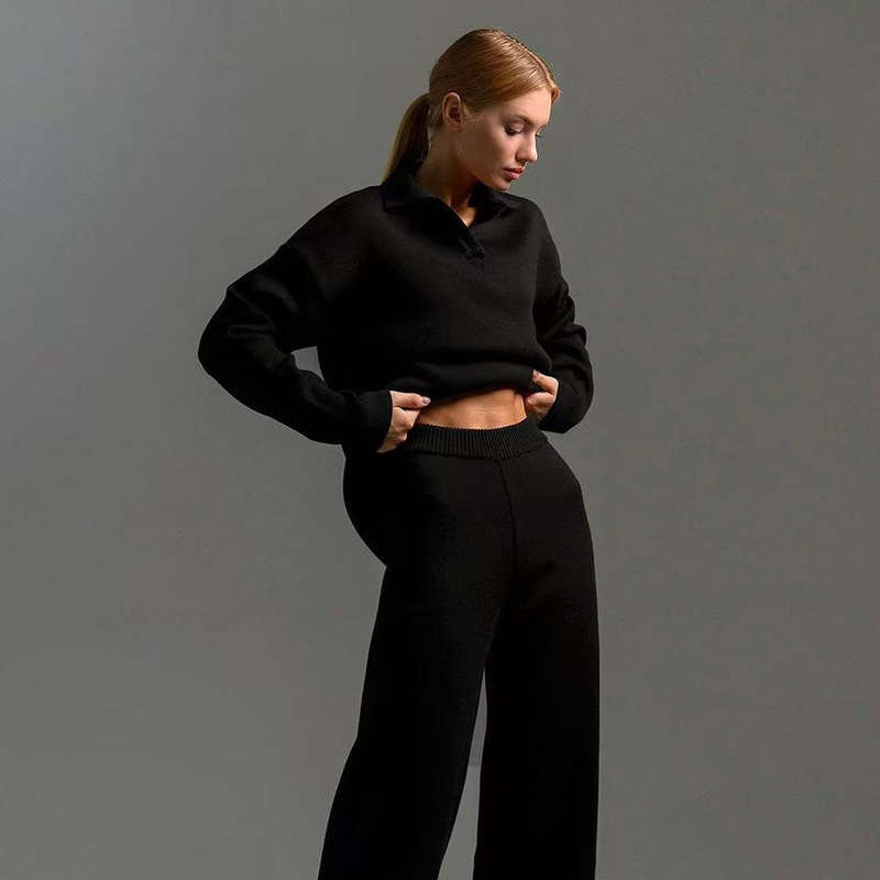 Cross-Border Knitted Suit European and American Autumn and Winter Sweater Suit Polo Collar Knitted Pullover + Wide-Leg Pants Two-Piece Set