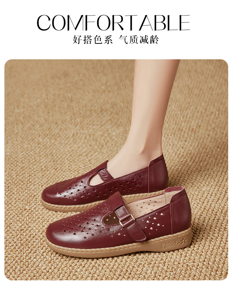 Dép sandal nữ da thật đế mềm thoáng khí, giày lỗ mùa hè — Đỏ rượu chi tiết 19