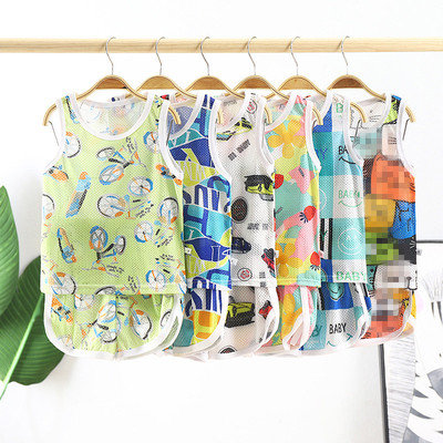 2021 new pattern children Thin section Hollow vest suit men and women Tongbaobao Summer wear Mesh ventilation Sleeveless Two piece set
