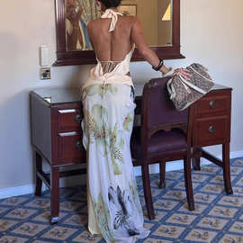 欧美风跨境2025新款女装性感露背挂脖上衣修身印花长裙两件套装