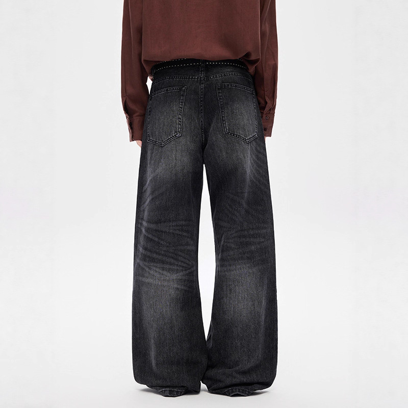 Men's Clothing Whiskered Denim Jeans American Style Straight Leg Retro Loose Fit Wide Leg Washed Black Trousers For Men And Women_mkmklike.com
