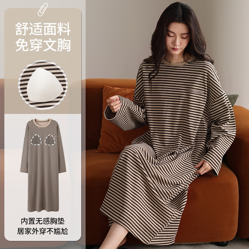 Long-sleeved Nightdress Women's Chest Pad Spring and Autumn New Cotton Striped Home Crewneck dress Long Outer Wearing