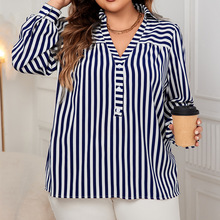 亚马逊蓝白条纹衬衫跨境外贸秋季新款polo领上衣欧美气质通勤衬衫