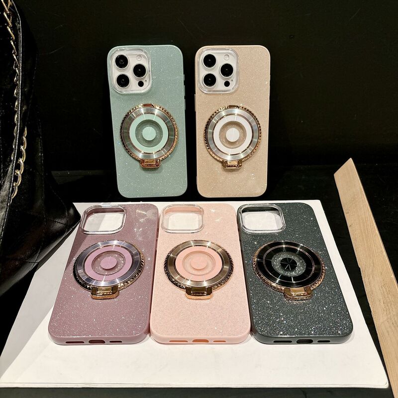 360-degree rotating bracket for Apple 16promax mobile phone case IPhone15 anti-fall IMD glitter large hole case