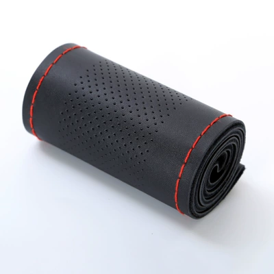 First-layer steering wheel cover leather mid-hole hand-stitched leather cover four seasons universal leather car handle cover a generation of hair (Steering wheel cover) - medium-hole-black-red-line-36cm