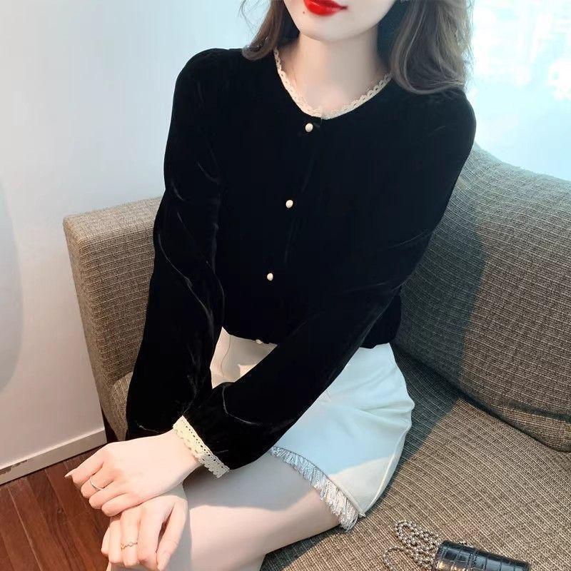 French Hepburn Style Velvet Black Long-Sleeve Women's Shirt 2025 Autumn New Fashion Trendy Top French Hepburn Style Velvet Black Long-Sleeve Women's Shirt 2025 Autumn New Fashion Trendy Top