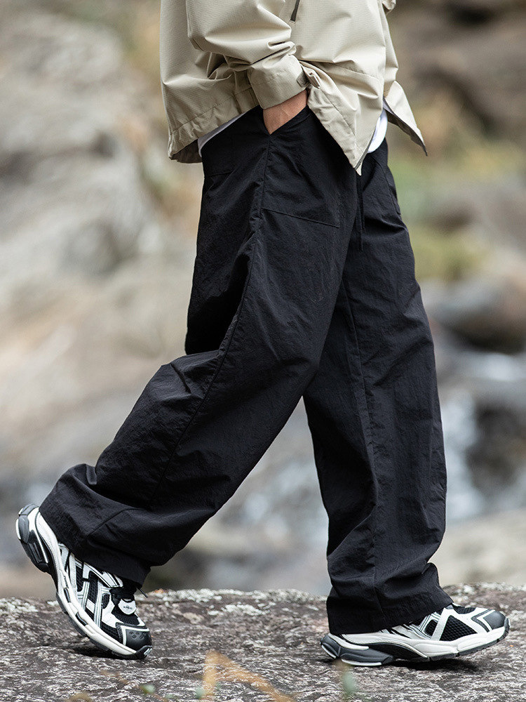 Hanlu ropa de trabajo ligeramente arrugada para hombres pantalones casuales primavera nuevas parejas sueltas y anchas pantalones rectos con cordón q