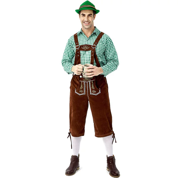Amazon German Traditional Men's Oktoberfest Outfit Plaid Shirt Embroidered Overalls with Hat Set