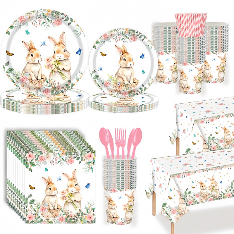 Easter Theme Party Tableware Set Spring Floral Rabbit Children's Disposable Party Paper Plate Paper Cup Tissue