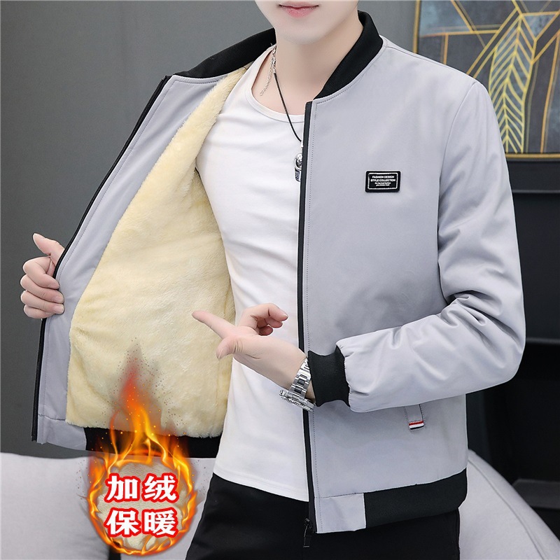 男士外套韩版休闲加绒夹克男春秋立领上衣潮流男秋冬装加厚棉衣服