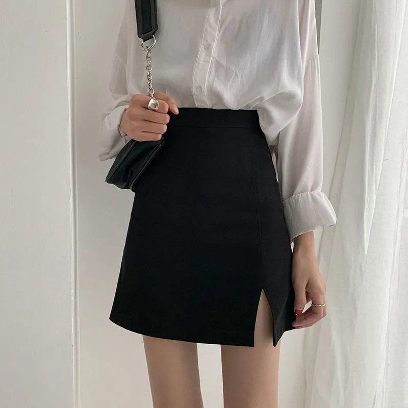 2022 Summer New High Waist Short Skirt Anti-glare A- line Skirt Black Slimming plus size Split Half-length Hip Skirt for Women