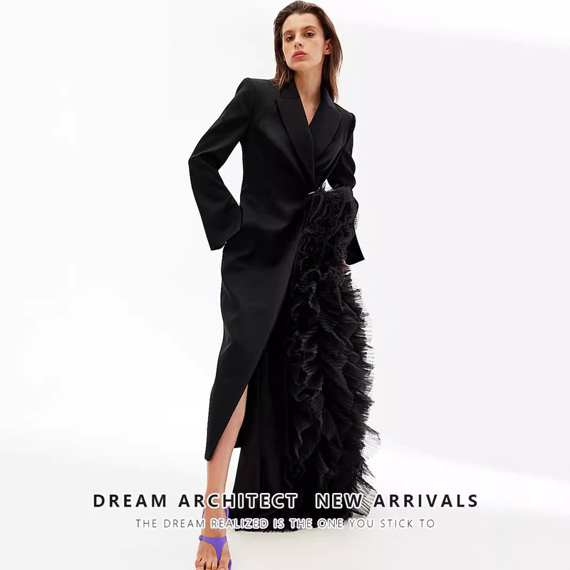 Niche Audit Asymmetric Suit dress 2024 Autumn Stitching Mesh High-end Party Dress Long Jacket