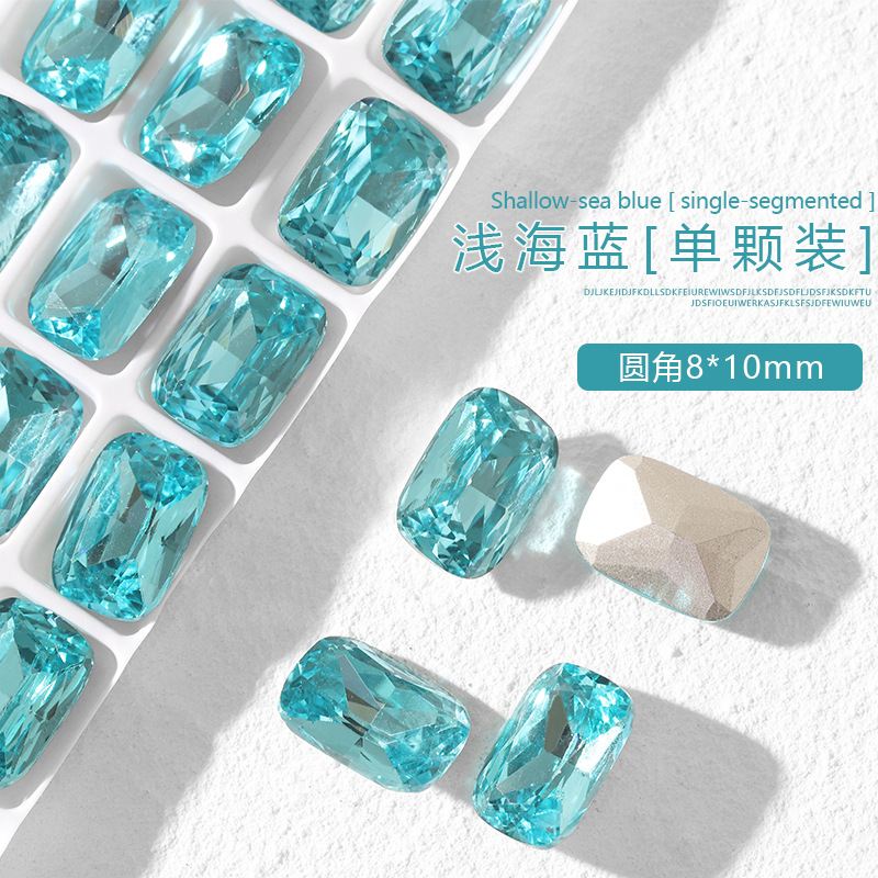 K9 cristal diamante arte de uñas luz mar azul puntiagudo fondo especial en forma de diamante oval torcido melocotón corazón ángulo recto grasa cuadrada joyería de uñas de vidrio