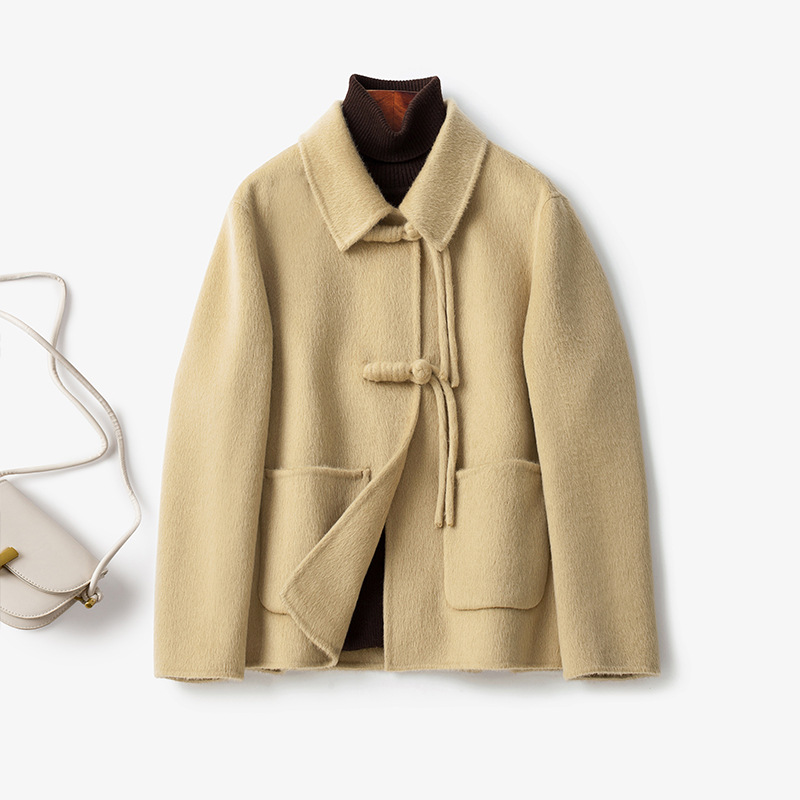 红色双面羊绒大衣女短款2025新款高端小个子国风盘扣羊毛呢子外套