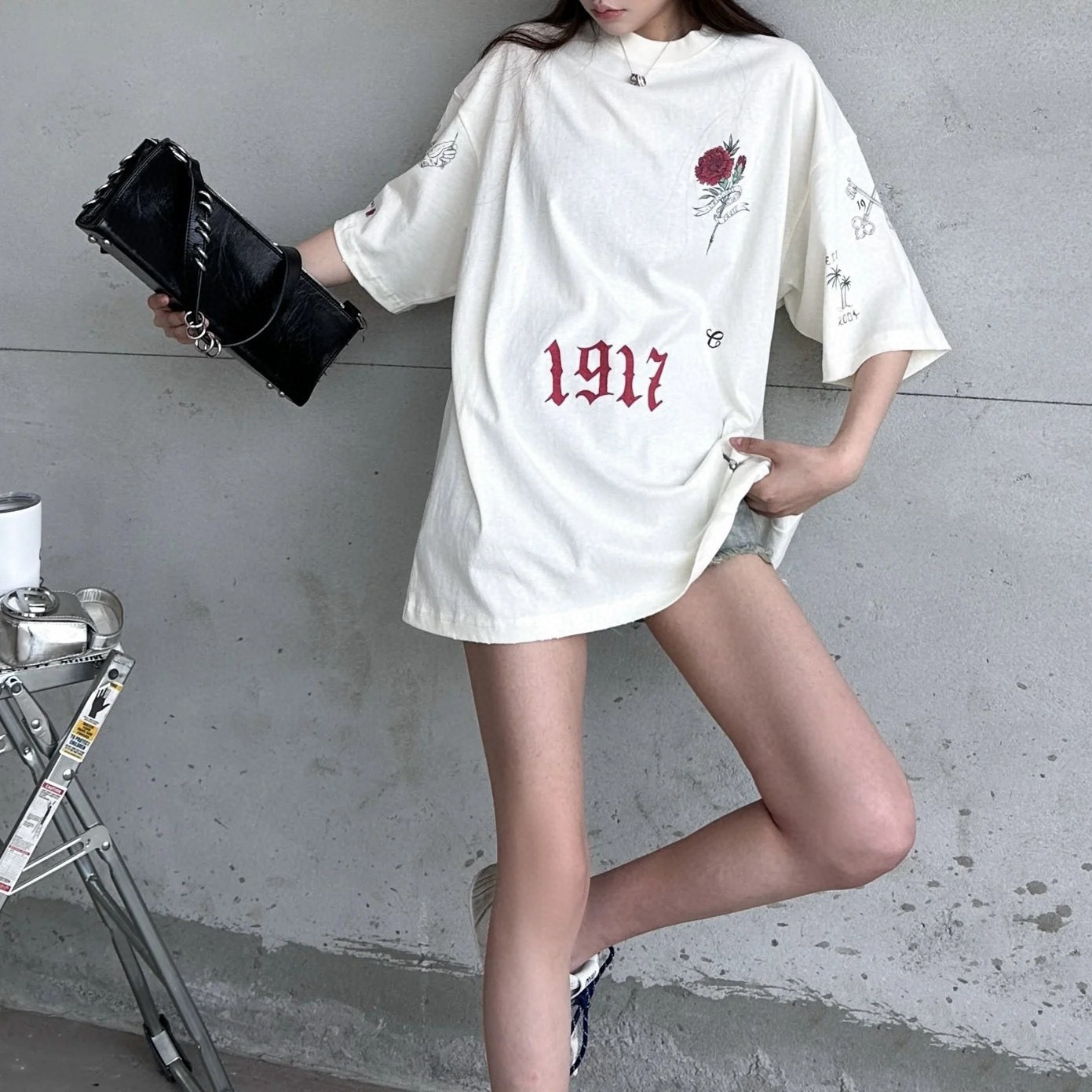 外贸高品质26ss高版本火焰玫瑰字母印花1917复古潮流时尚短袖T恤