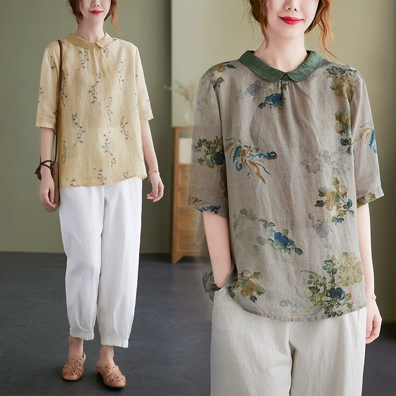 Real shot 6158 # летняя ретро элегантная хлопковая и льняная рубашка с принтом, Женская художественная Свободная рубашка-пуловер с лацканами Питера