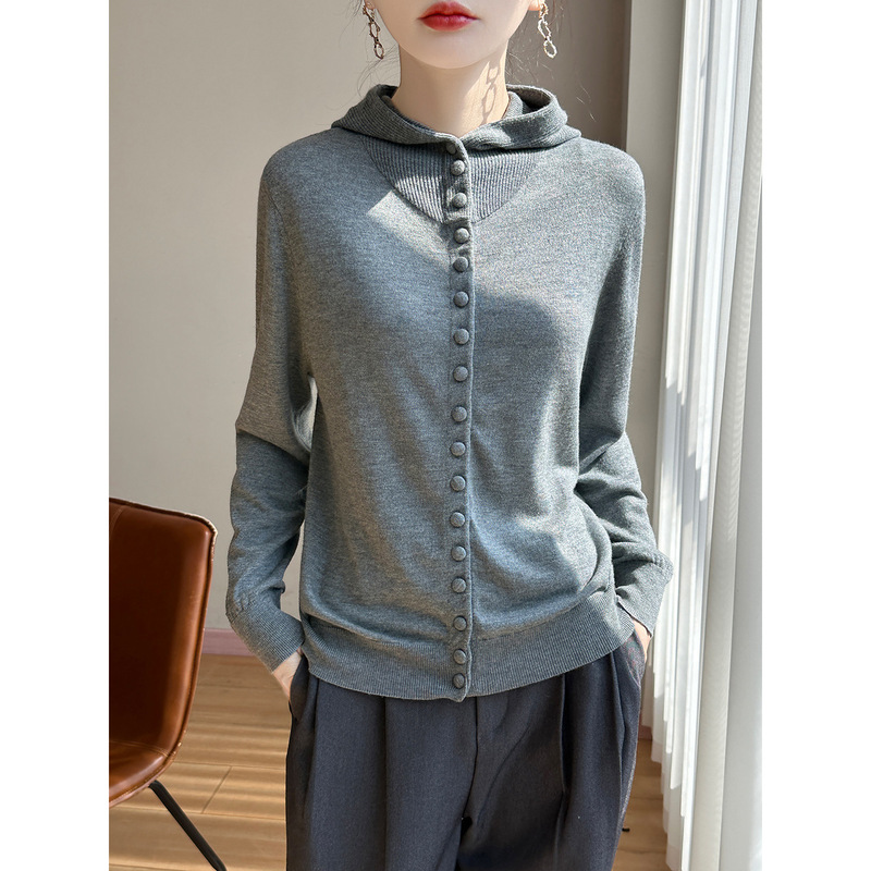 Autumn hooded fine wool knit sweater for women, ribbed, button-down, long-sleeved, loose-fitting, casual, versatile button-down hoodie Autumn hooded fine wool knit sweater for women, ribbed, button-down, long-sleeved, loose-fitting, casual, versatile button-down hoodie