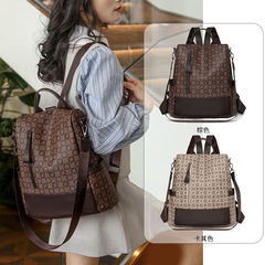 雙肩包女2024新款歐美印花背包大容量拼接休閒防盜女士雙肩背包
