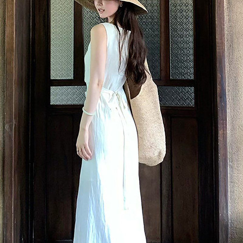 In-Stock "Moon among the Pine Trees" Beauty That's as Simple as a Breath! Acetate Linen Heavy-Duty Tie-Up Slimming Dress for Women, Summer