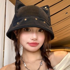可爱立体猫耳朵铆钉渔夫帽女夏季百搭显脸小盆帽遮阳防晒太阳帽子