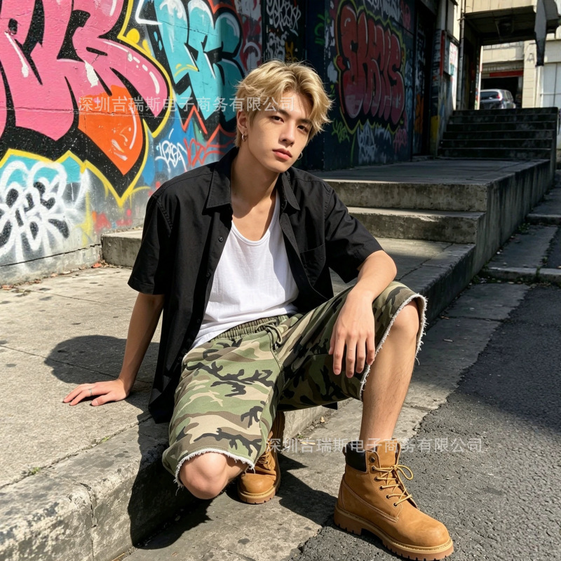 American-Style Street Camouflage Cropped Sweatpants for Women, New Summer Model with Frayed Edges, Elastic Waist, Loose Wide-Leg Casual Pants