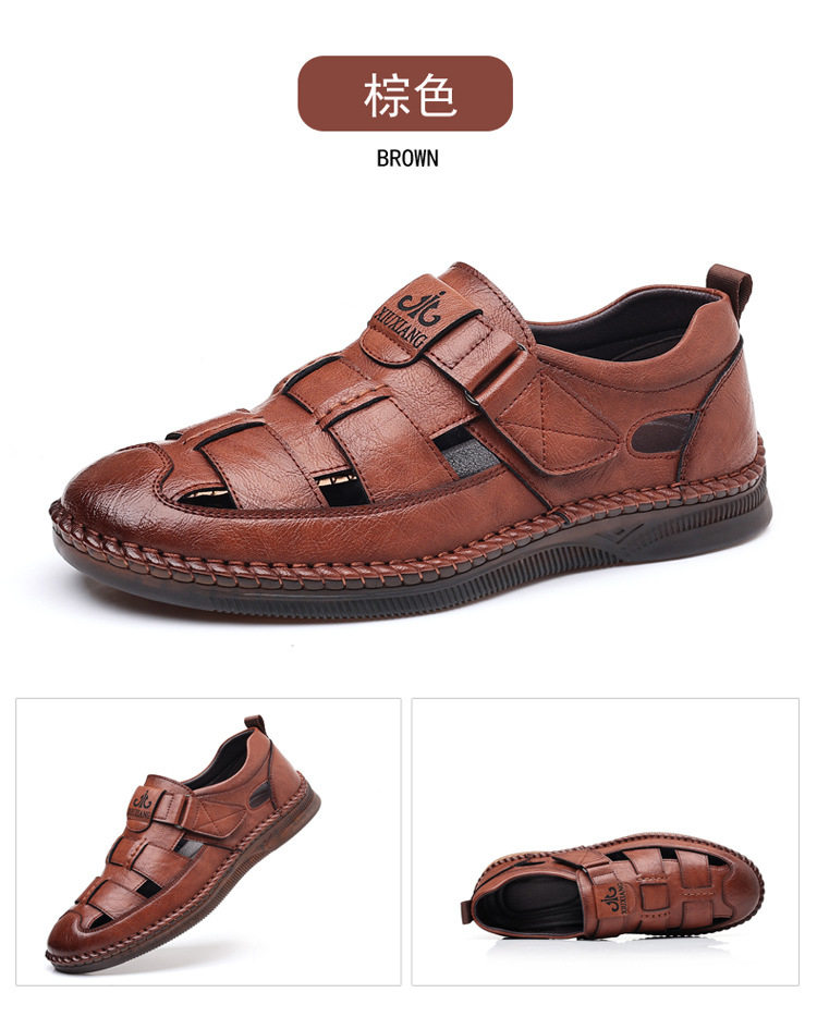 Dép sandal nam da cỡ lớn thiết kế khoét lỗ, khóa dán tiện lợi, form bít mũi — Nâu thời trang, Đen quyến rũ chi tiết 20