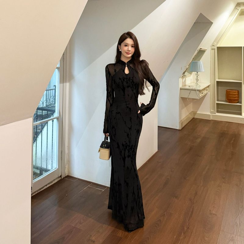 伊莉雅植绒立体面料新中式连衣裙女 高级感改良版旗袍长裙XS25223|undefined