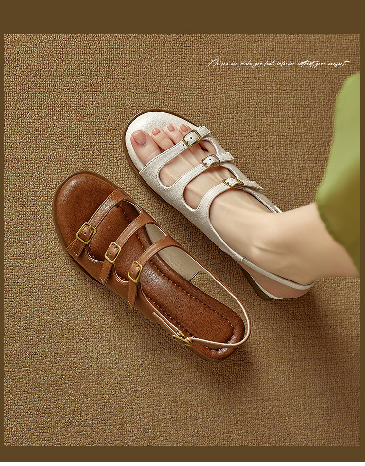 Sandal hở mũi nữ quai ngang gót thấp phong cách La Mã đơn giản — màu nâu chi tiết 1