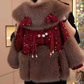 女童加绒呢大衣秋冬装洋气女孩红色新年外套儿童国风加厚棉衣