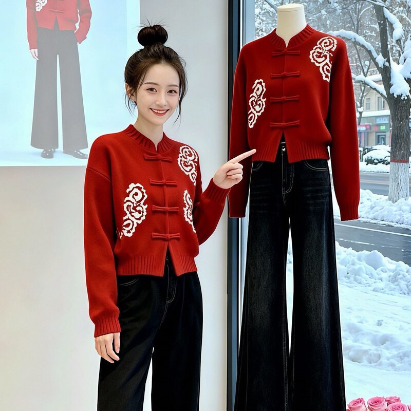 New Year's Red Atmosphere Sweater, New Autumn and Winter Style, New Chinese-Style Buttoned Stand-Up Collar Knitted Cardigan, Loose and Comfortable Top New Year's Red Atmosphere Sweater, New Autumn and Winter Style, New Chinese-Style Buttoned Stand-Up Collar Knitted Cardigan, Loose and Comfortable Top