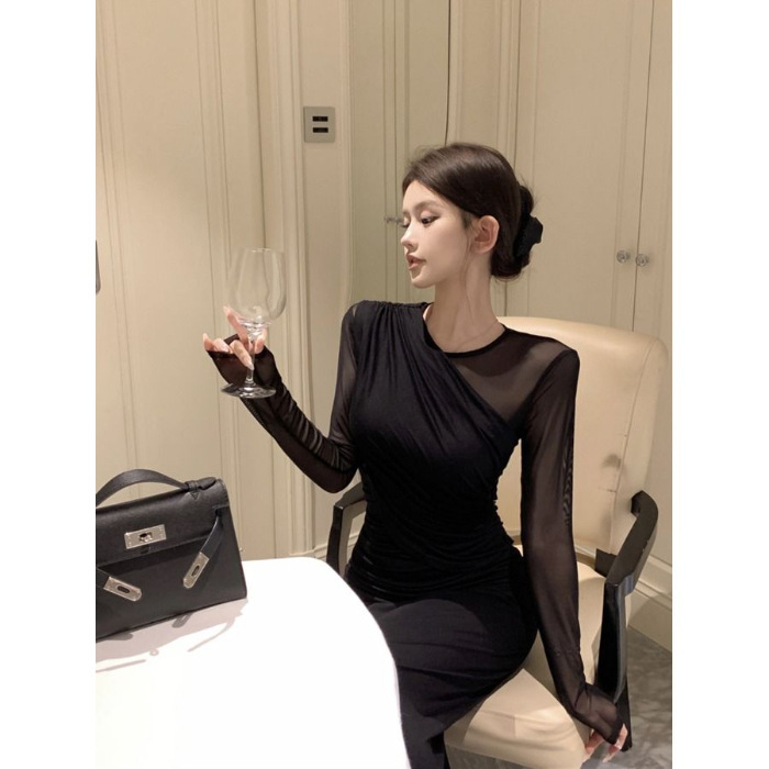 Retro Sexy Royal Sister Black Temperament Mesh Knitted Dress Women's Autumn Waist And Thin Long-sleeved Hip-wrapped Dress_ecoleips.com