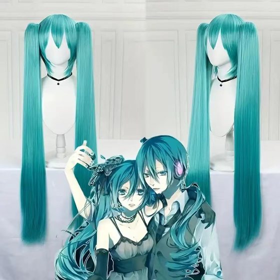 Hitsonian future cosplay wig water blue double ponytail chemical fiber full head cover spot wholesale