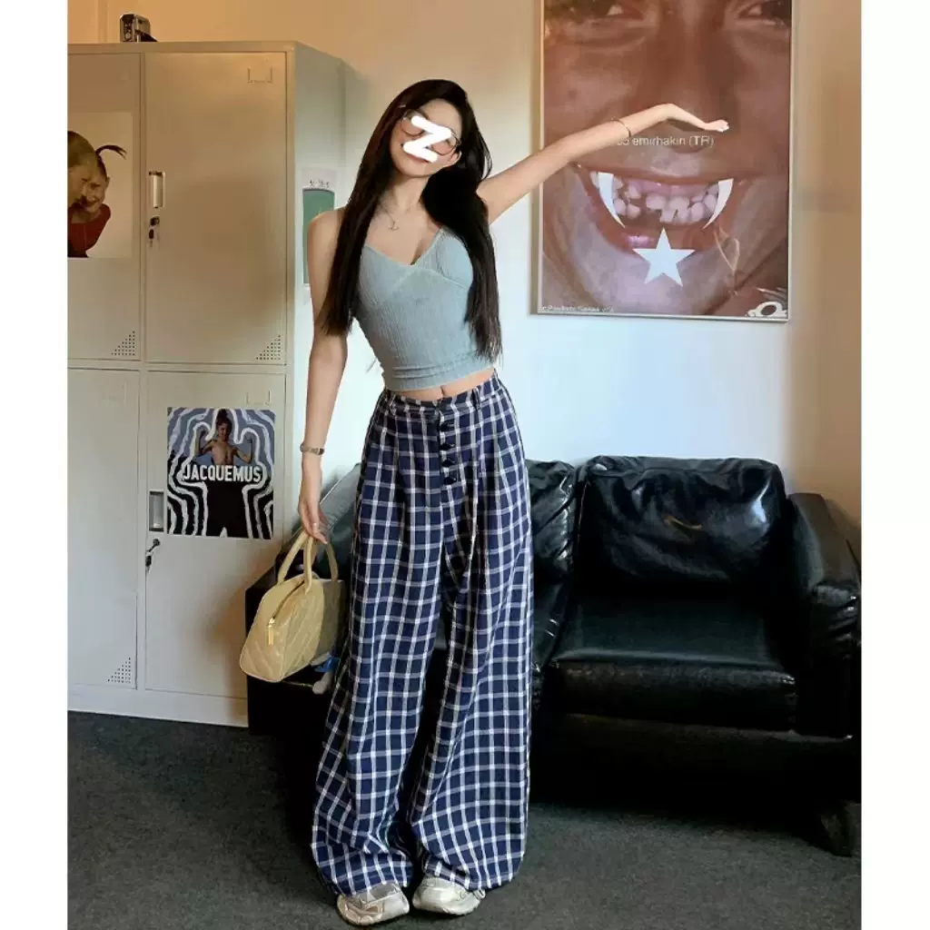 赵露思同款藏蓝色格子裤女夏季薄款高腰垂感直筒阔腿裤