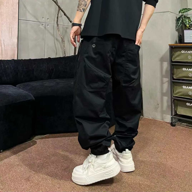 秋季新品高街时尚弯刀多口袋拼接线条抽绳阔腿宽松男士休闲长裤|undefined