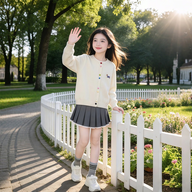 2026 early autumn new candy-colored cardigan with colorful buttons, stylish little girl's top, jacket, and pleated skirt set