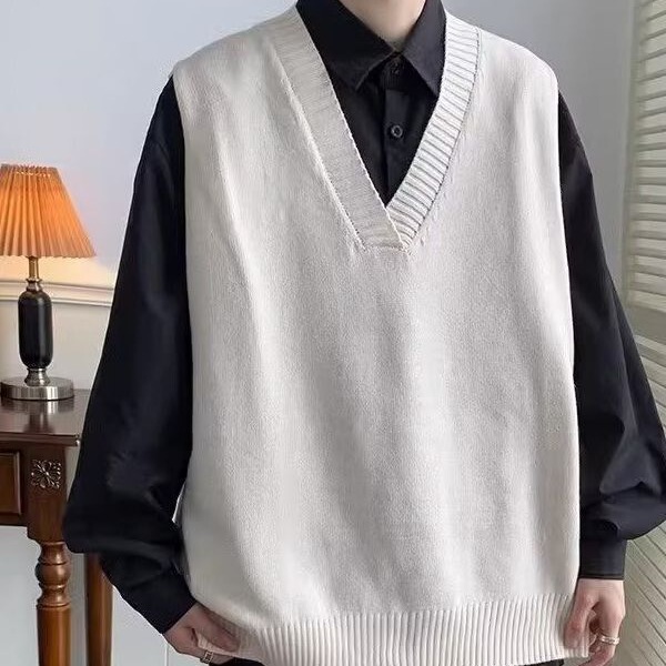 Spring and Autum Brown V Neck Woolen Vest Men's Ins Trendyy Brand Loose Casual Sleeveless Knitwear Korean Style Trendyy Knitwear