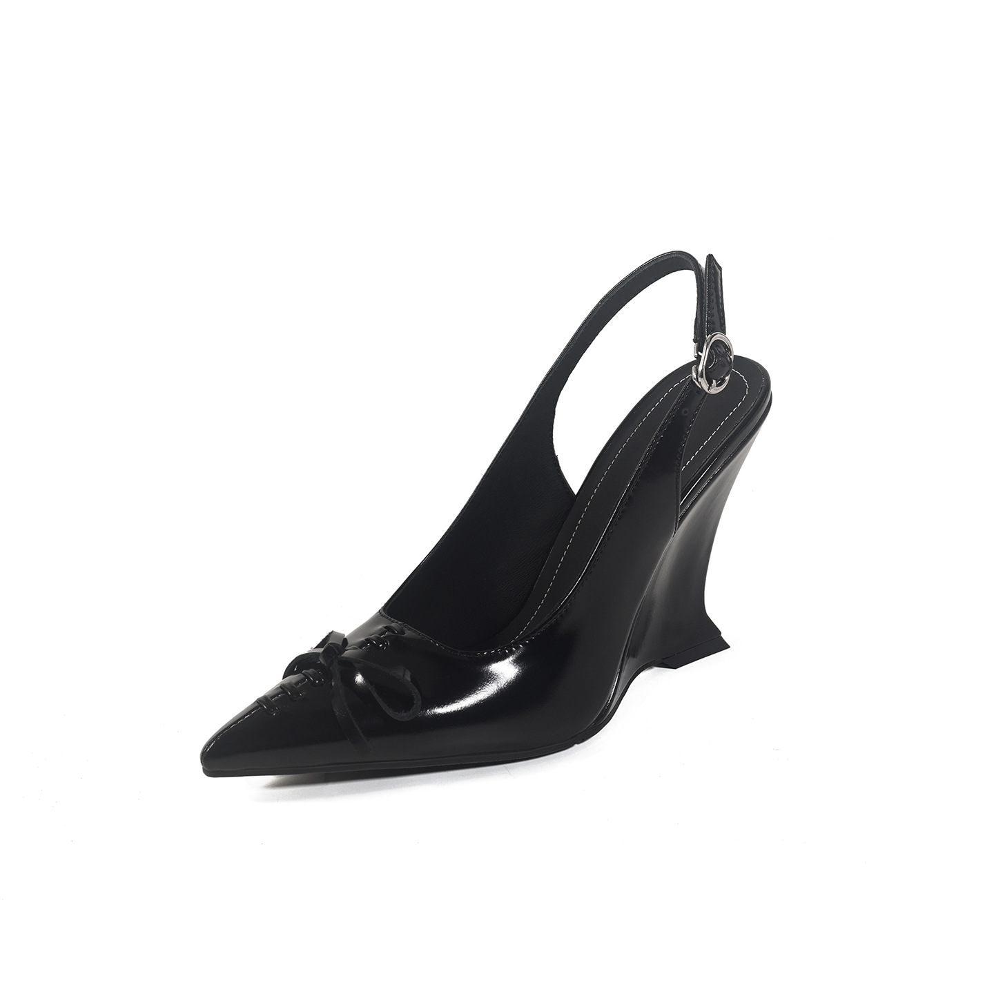 Sandal cao gót nữ mũi nhọn hở gót, gót xuồng 9 cm, nơ bướm — màu đen, màu trắng ngà