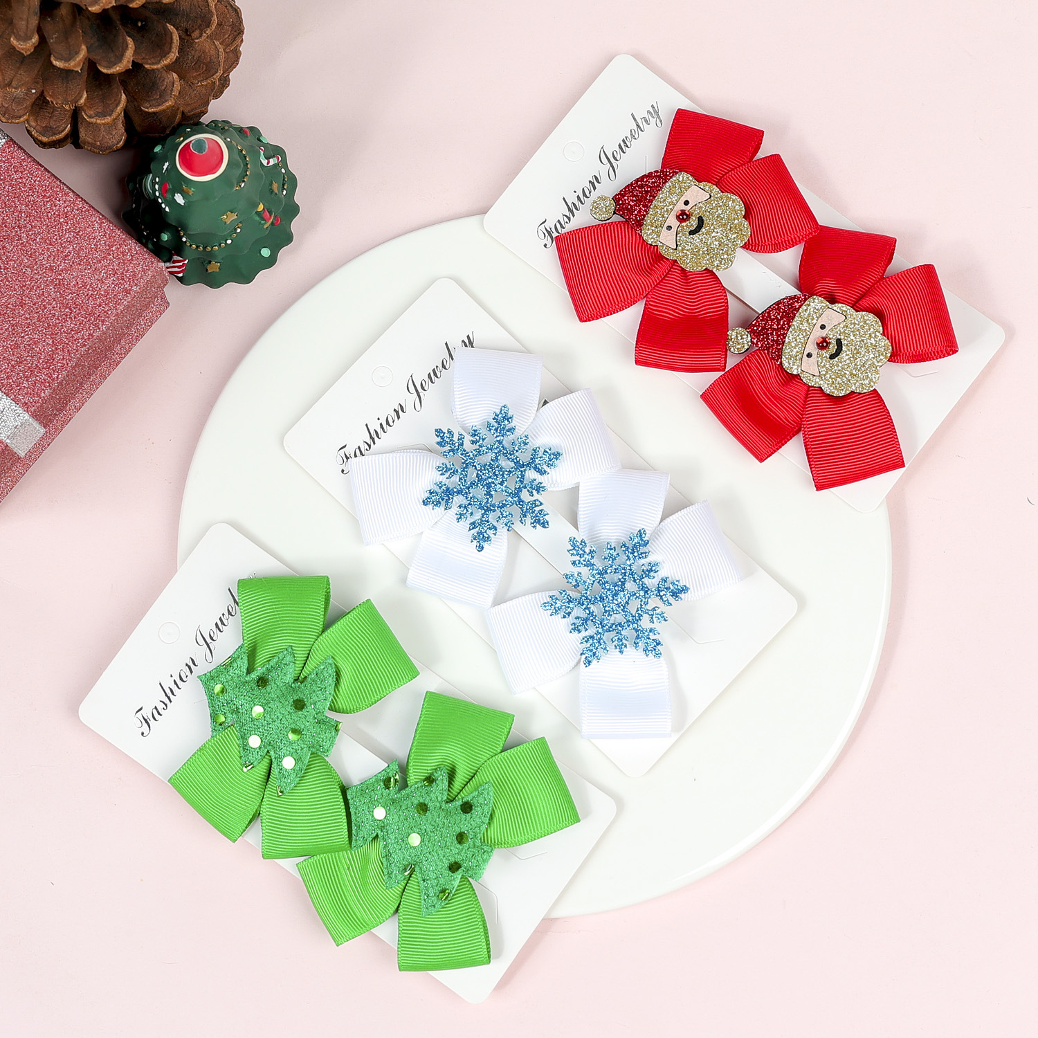 Süß Weihnachtsmann Bogenknoten Schneeflocke Tuch Stricken Haarklammer display picture 1