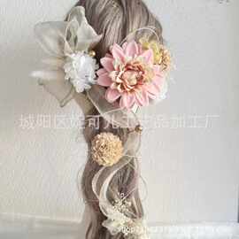 速卖通跨境新款日本和风绢花珍珠大丽花发簪发饰新娘和服浴衣头饰