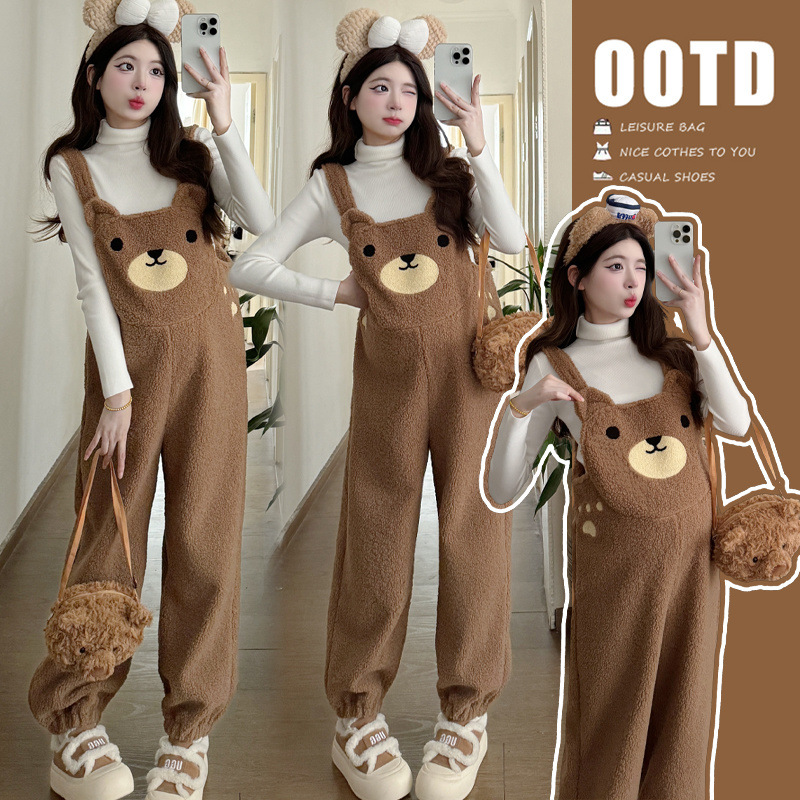 2025 가을 겨울 대형 사이즈 임산부복 플러스 벨벳 귀여운 곰 오버올 + 두꺼운 바닥 투피스 세트