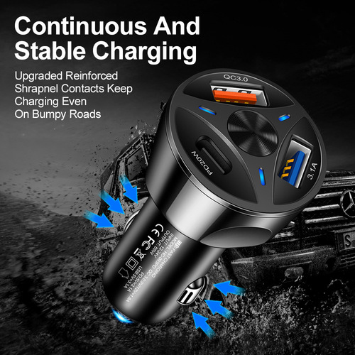 Standard 55W one-to-three QC3.0 USB+Type-c fast charging car charger flash charging multi-port car fast charging head cigarette lighter