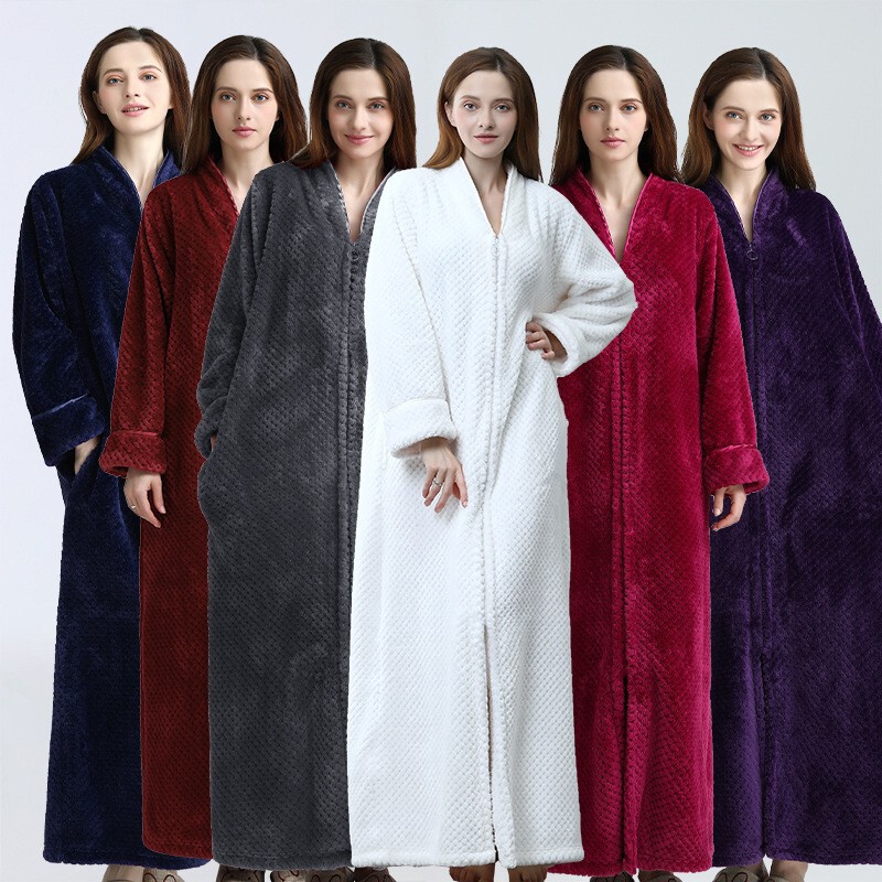 Autumn and winter new thickened zipper nightgown flannel nightgown bathrobe ladies fleece-lined thickened cross-border wholesale women Autumn and winter new thickened zipper nightgown flannel nightgown bathrobe ladies fleece-lined thickened cross-border wholesale women