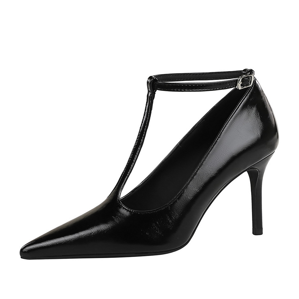 3638-A style pointed high-heeled shoes with oil leather T-shaped buckle and shallow mouth single shoes, fashionable and simple women's shoes