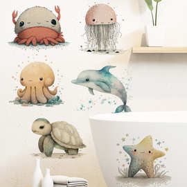卡通海洋动物墙面贴画儿童房背景贴纸屋顶大海装饰批发墙纸画