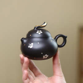 宜兴紫砂壶一件代发黑泥兔子壶创意中式茶壶描金描银茶具厂家批发