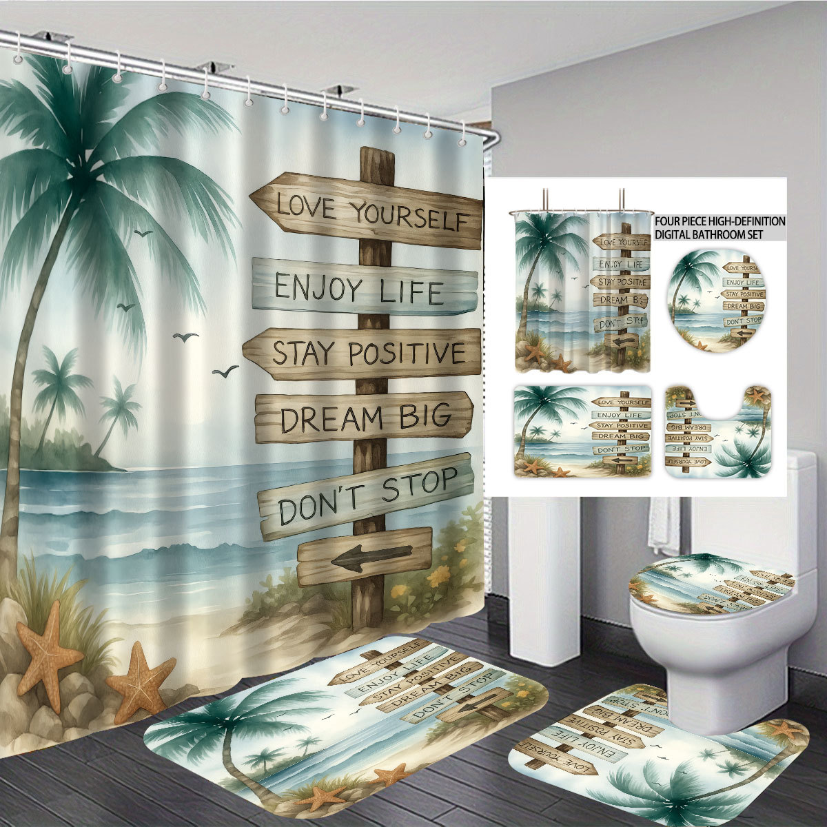 Mei Ke más cortina de baño impermeable serie de paisaje de playa impresión digital poliéster cortina de baño cuatro piezas un conjunto de cabello