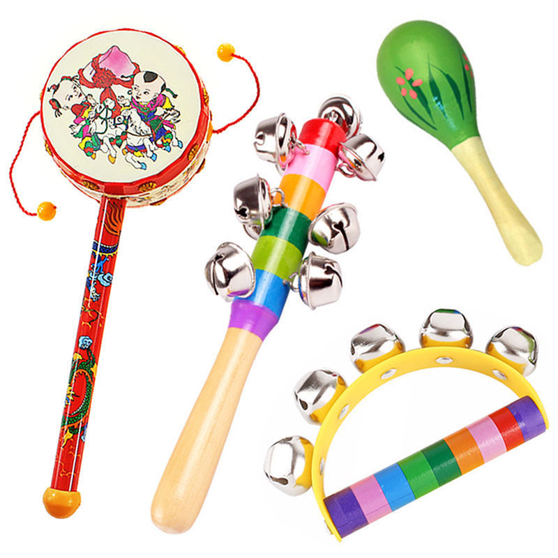 Peace drum + small maracas + colorful rattles + hand-held bells (colors random)