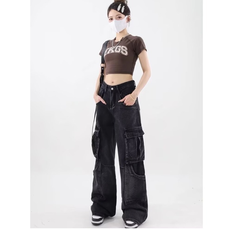 Diseño de estilo americano de la calle alta, pantalones jeans de primavera y otoño, pantalones de cintura alta retrógrados, pantalones de piernas anchas sueltos